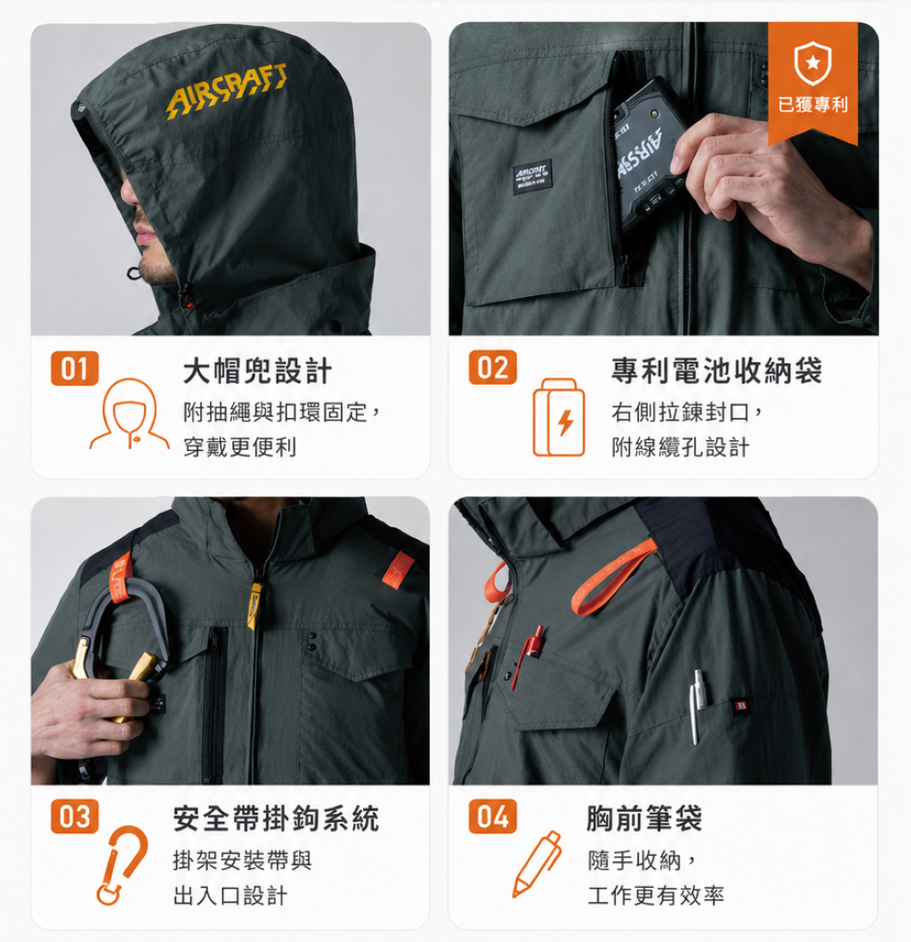 巴特雷空調服:連帽設計、行動電源收納袋、掛鉤掛架系統、胸前筆袋