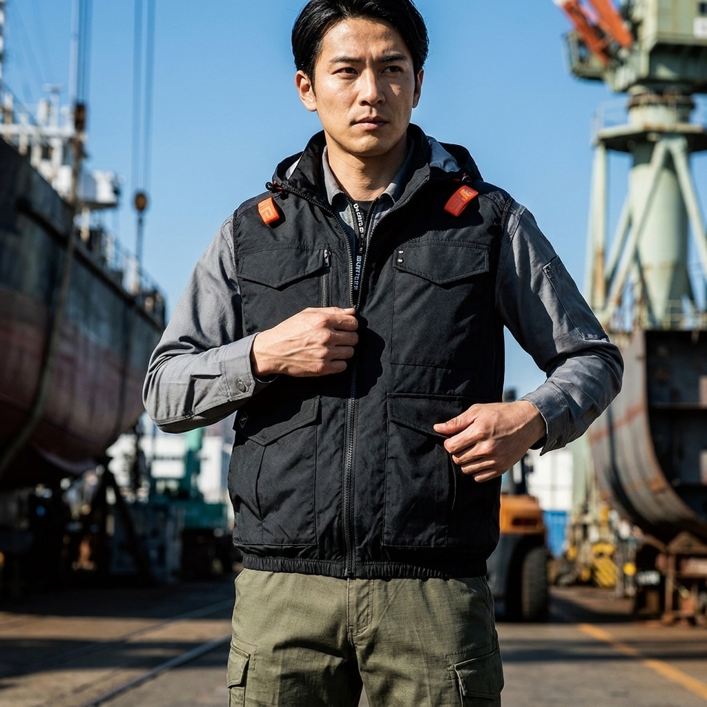 身穿黑色巴特雷空調服和卡其色工裝褲的亞洲男性,站在船廠背景前