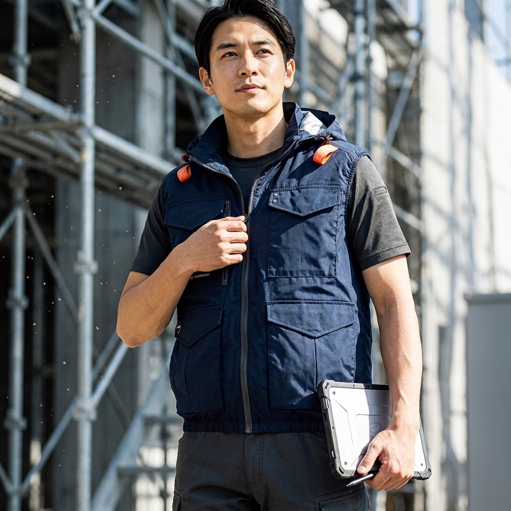 一名穿著巴特雷空調服的男子,手持平板電腦,背景是建築工地。