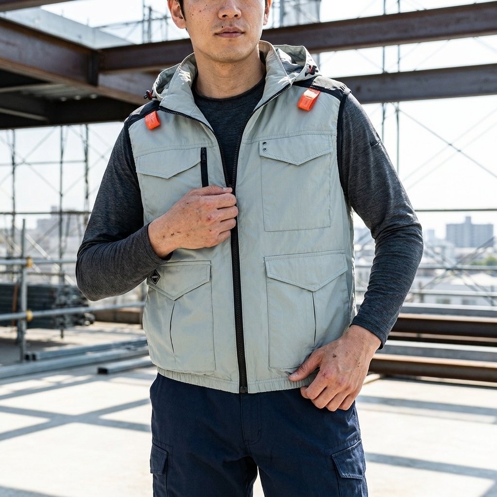 身穿灰色巴特雷空調服與深色長袖上衣的男性,在戶外工業環境中