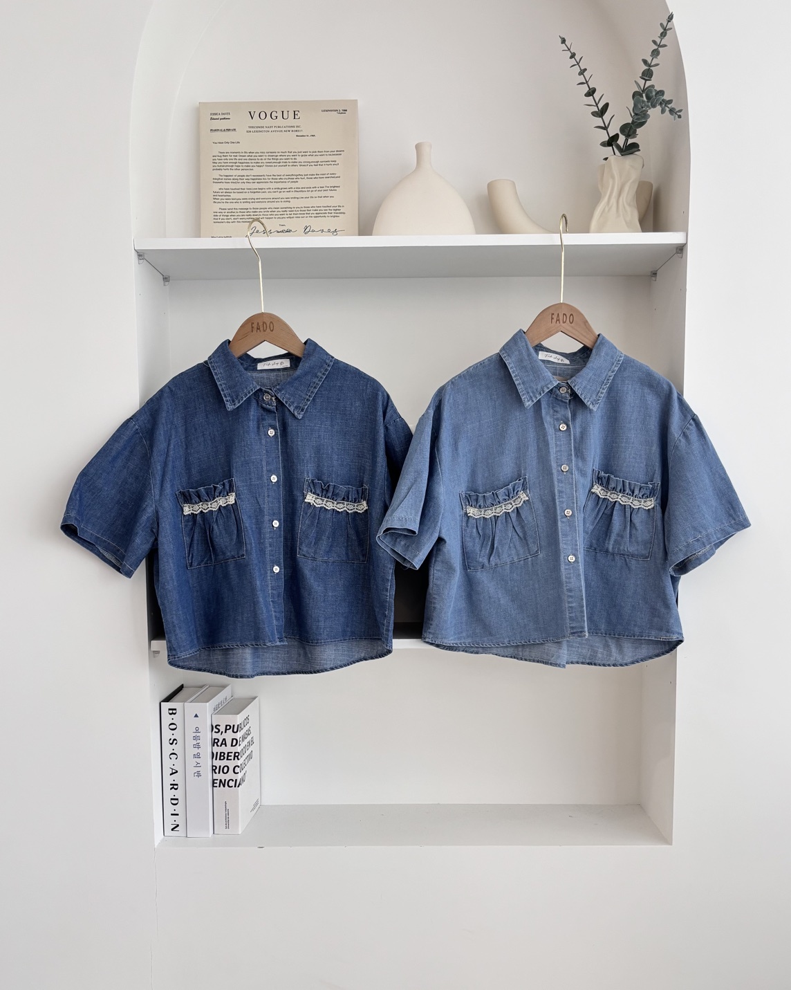 法朵Fado shop｜蕾絲拼接雙口袋落肩短袖牛仔襯衫 3525004 兩色