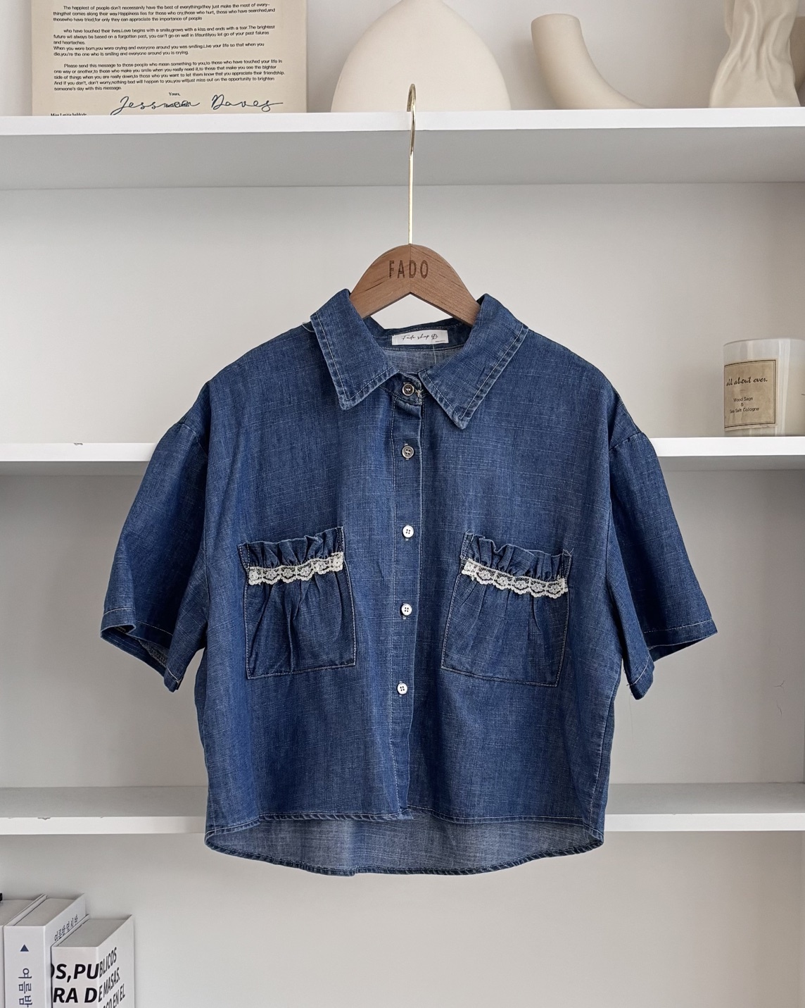 法朵Fado shop｜蕾絲拼接雙口袋落肩短袖牛仔襯衫 3525004 兩色