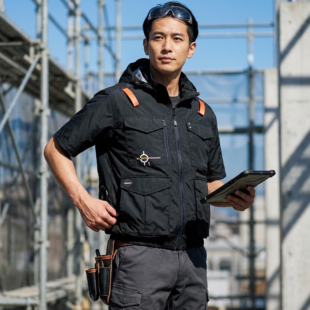 一名穿著黑色巴特雷空調服和工裝褲的亞洲男性，手持平板電腦，站在建築工地中