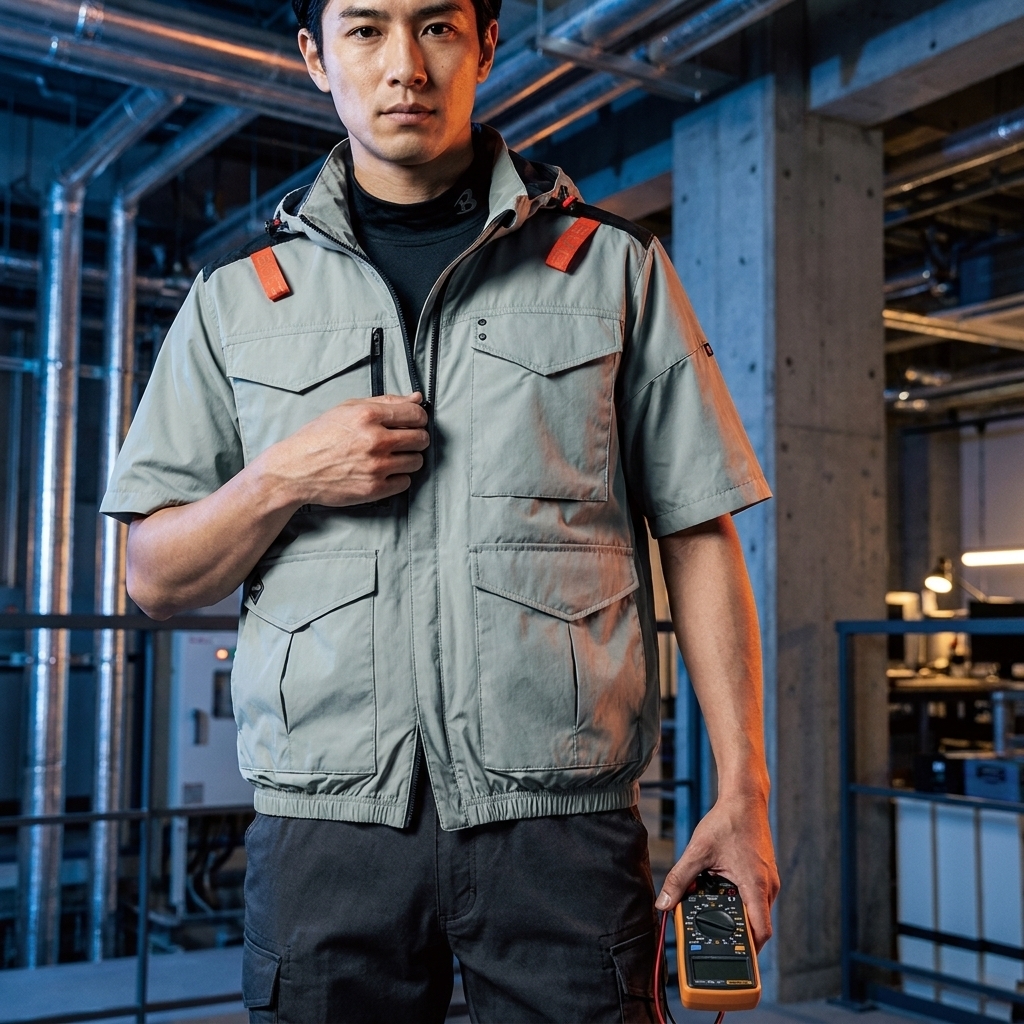 穿著灰色巴特雷空調服工作外套的男子，手持電錶，在工業環境中