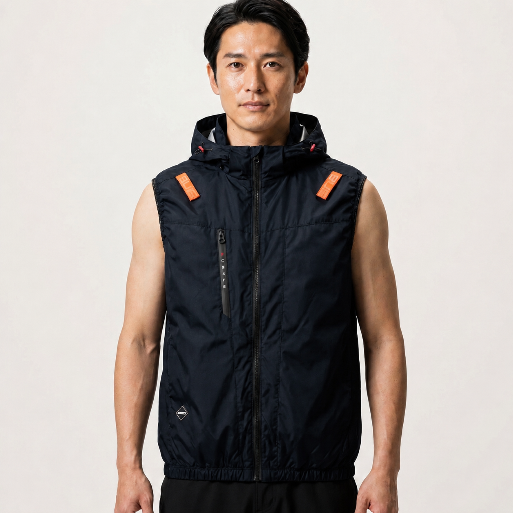 身穿連帽無袖巴特雷空調服的亞洲男性