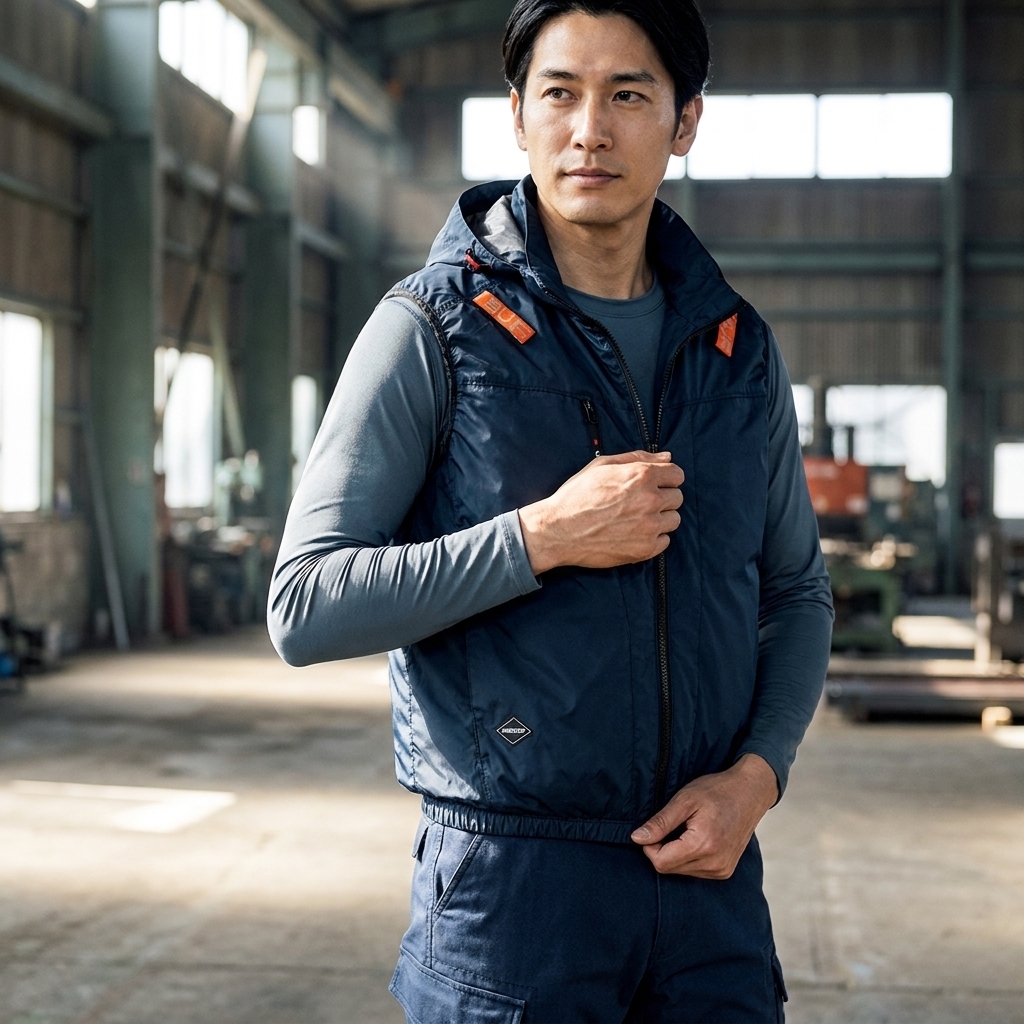 穿著藍色巴特雷空調服和藍色長袖上衣的亞洲男性,身處工業廠房背景。