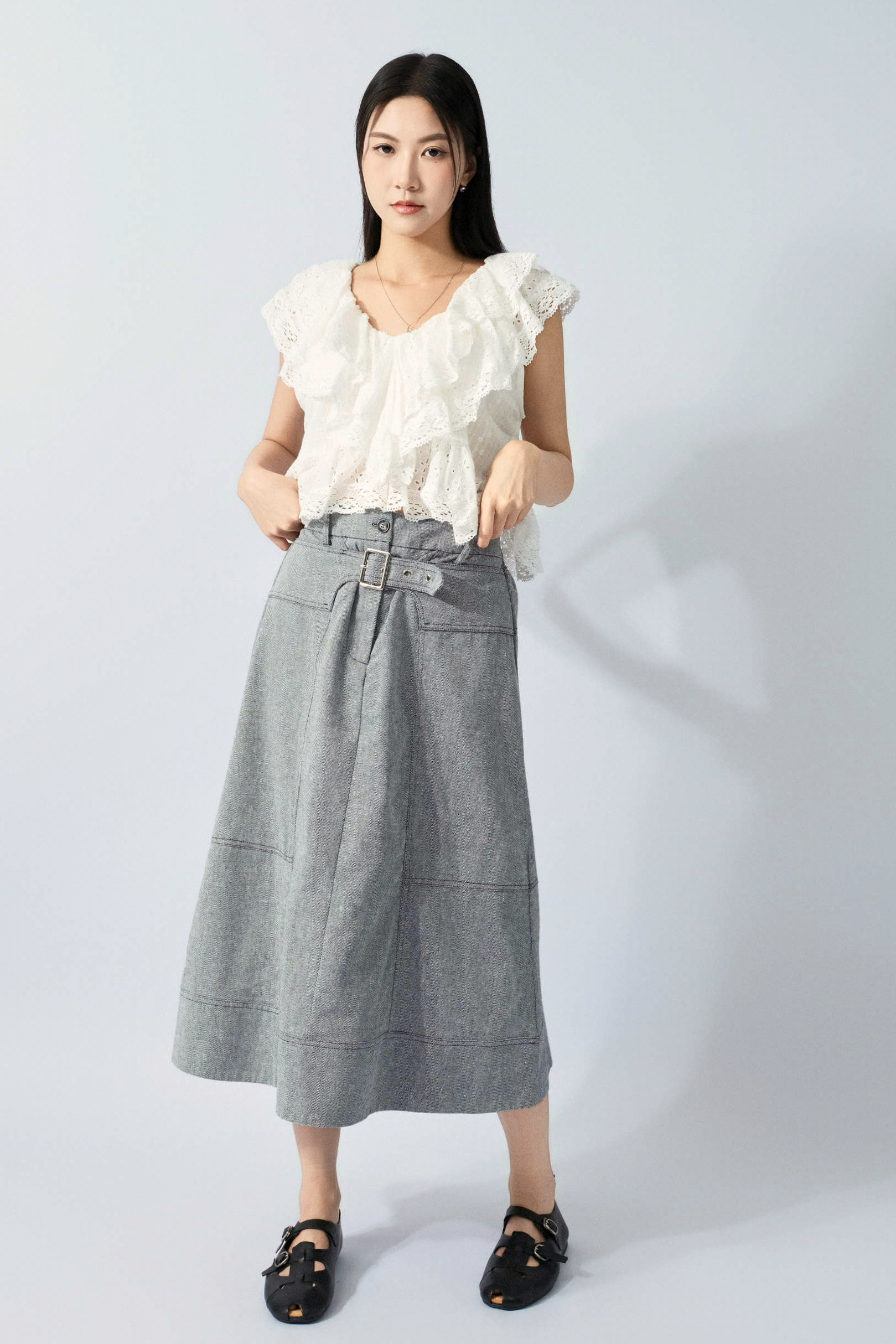 前腰扣人字紋A字裙（預購產品）
