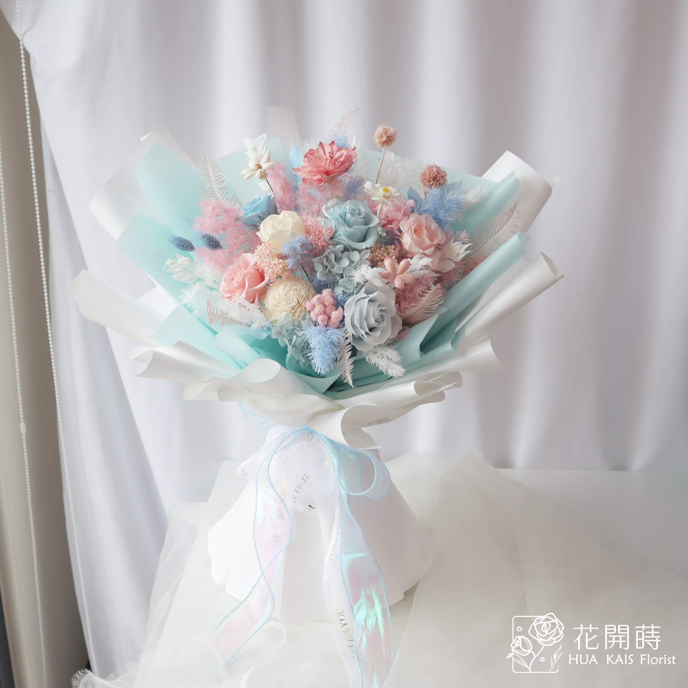 永生花束|藍粉色永生花束(L)|大型花束|永生花|情人節花束|畢業花束|生日花束