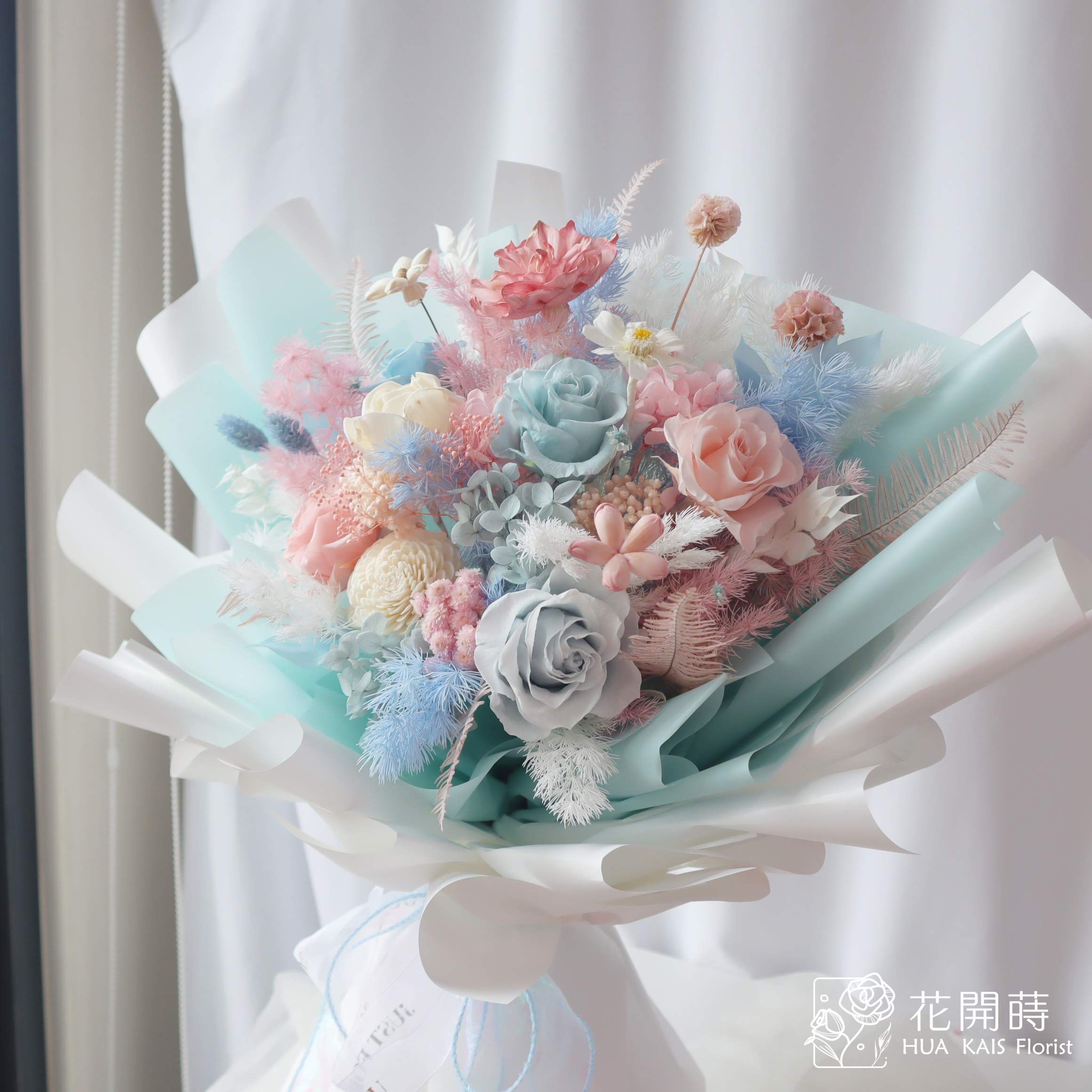 永生花束|藍粉色永生花束(L)|大型花束|永生花|情人節花束|畢業花束|生日花束