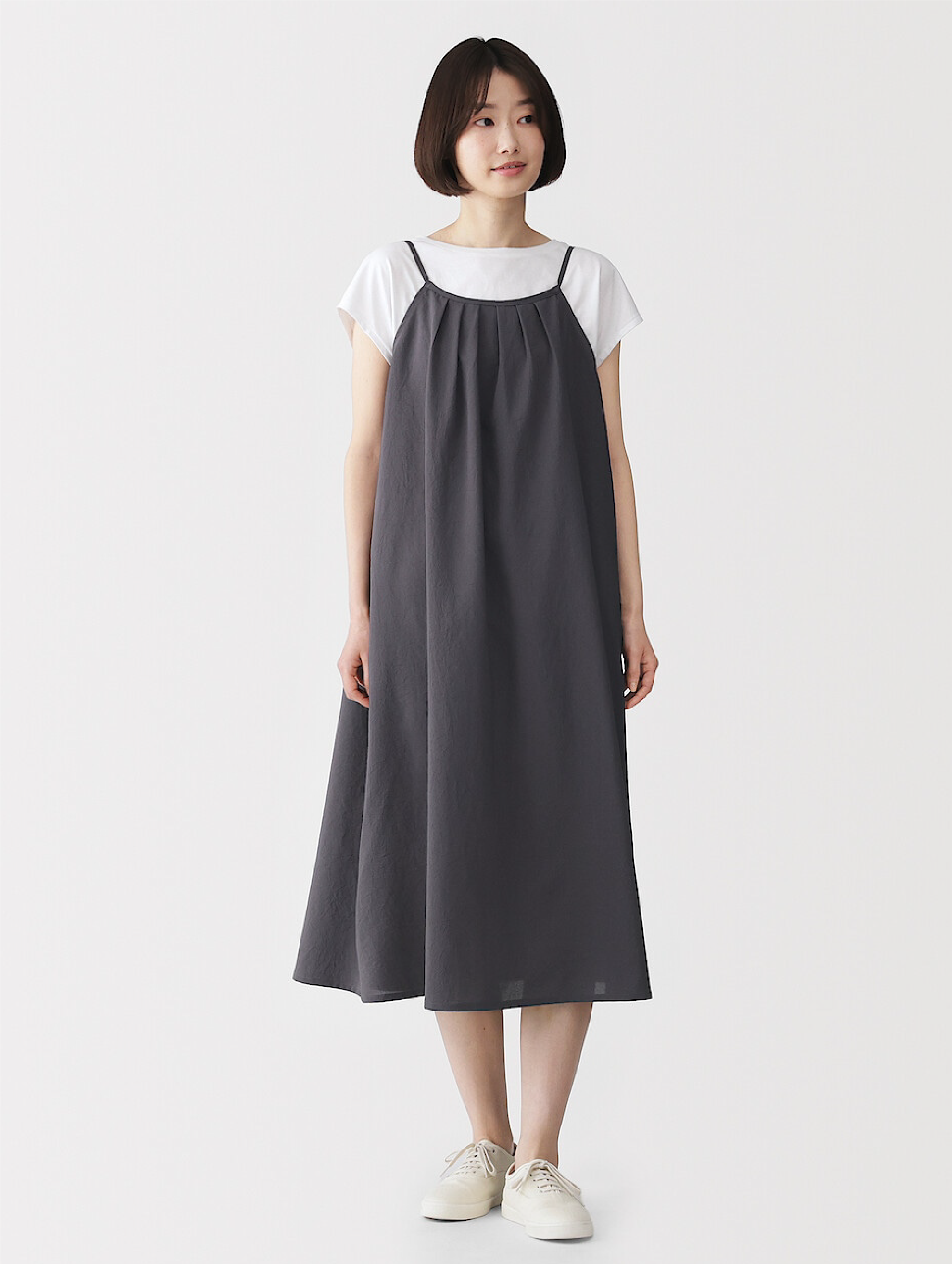 Model wearing linen dress