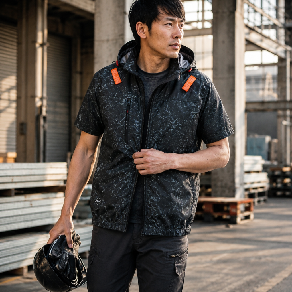 巴特雷空調服短袖連帽外套，男模特手持安全帽