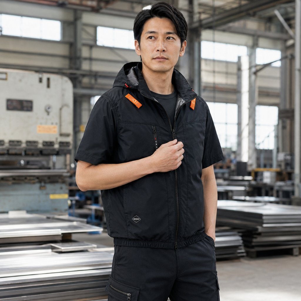 巴特雷空調服工業風短袖連帽工作服，黑色，男模特穿著，背景為工廠