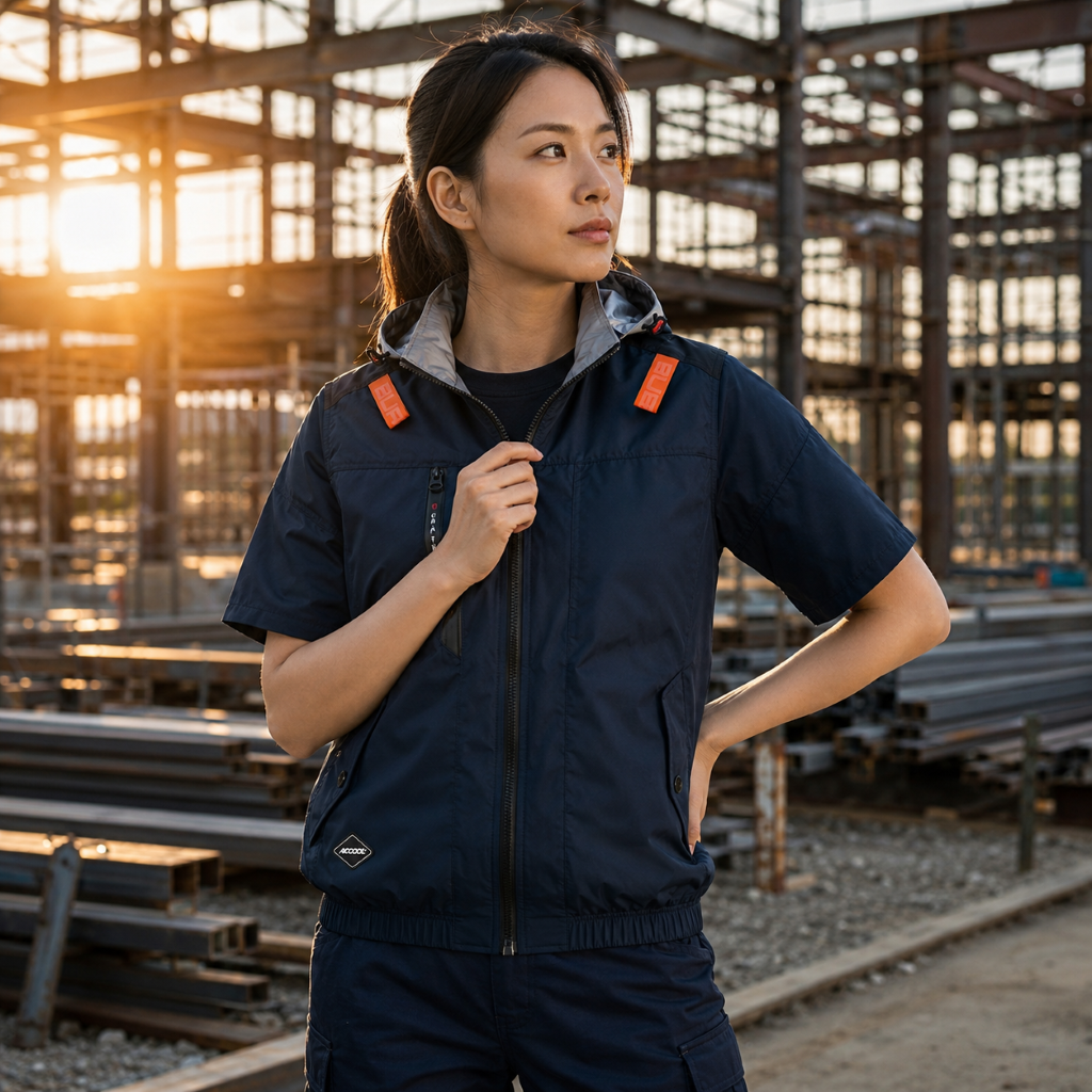 一位身穿深藍色連帽巴特雷空調服夾克的亞洲女性，在建築工地夕陽下。