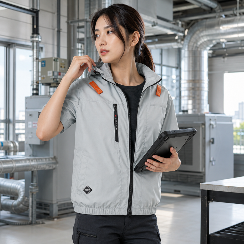 女性穿著灰色短袖巴特雷空調服工作外套，手持平板電腦，站在工業廠房內