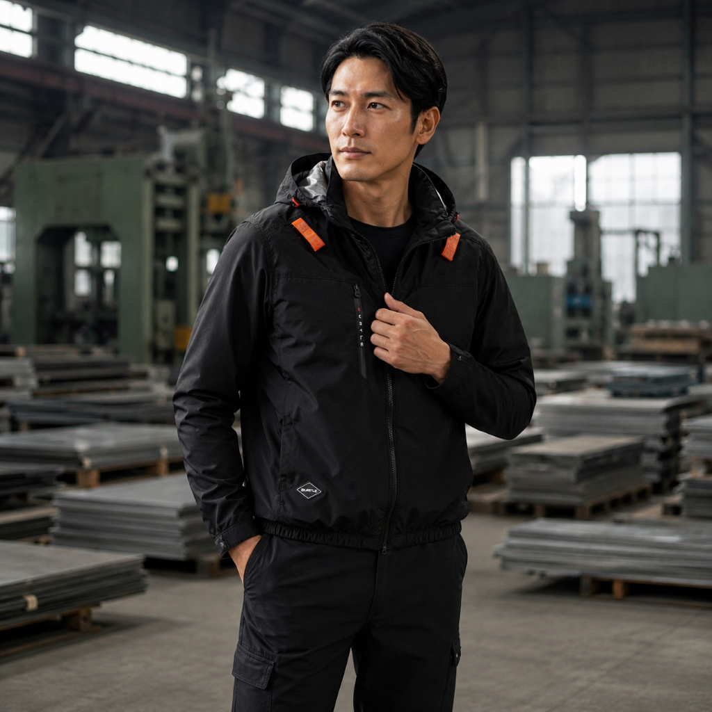 男士穿著黑色連帽巴特雷空調服外套,背景是工廠的鋼材堆疊