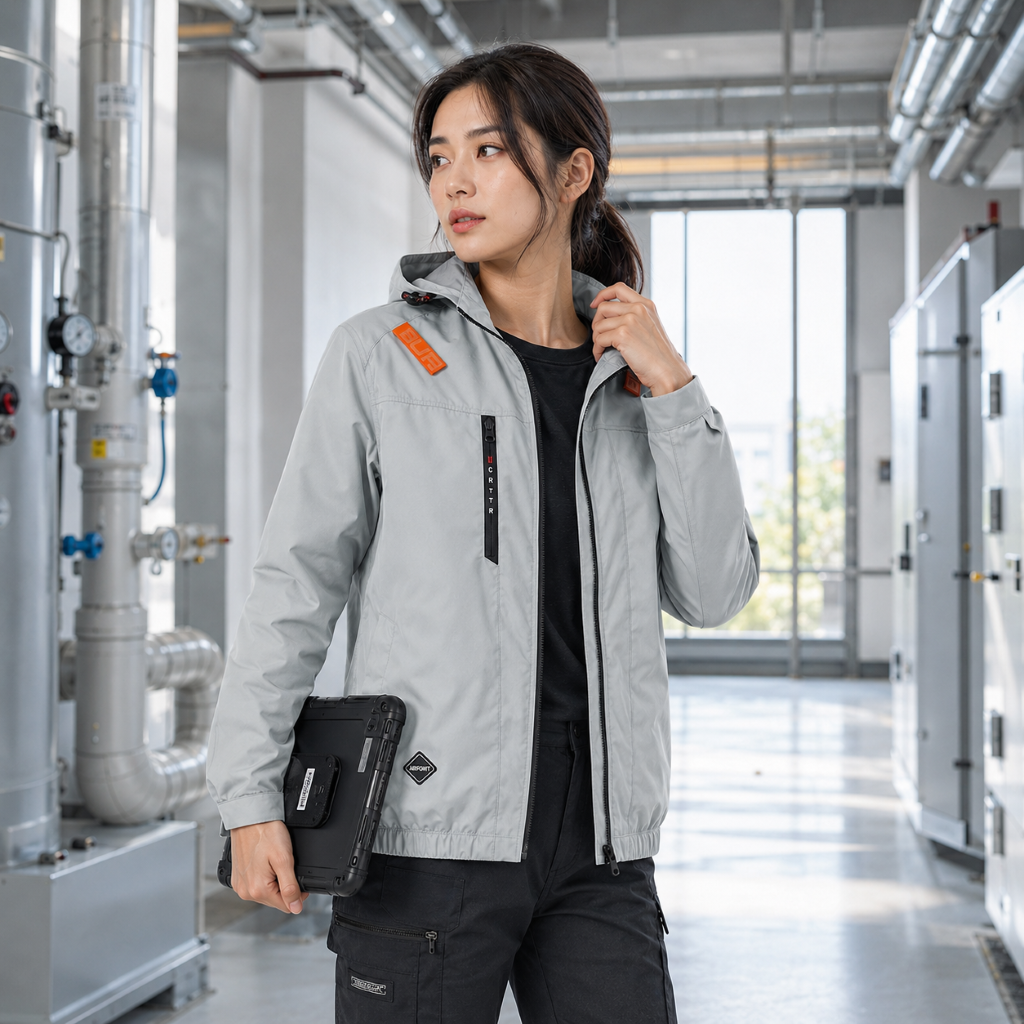 女性身穿灰色連帽巴特雷空調服外套,手持平板電腦,站在工業廠房內。