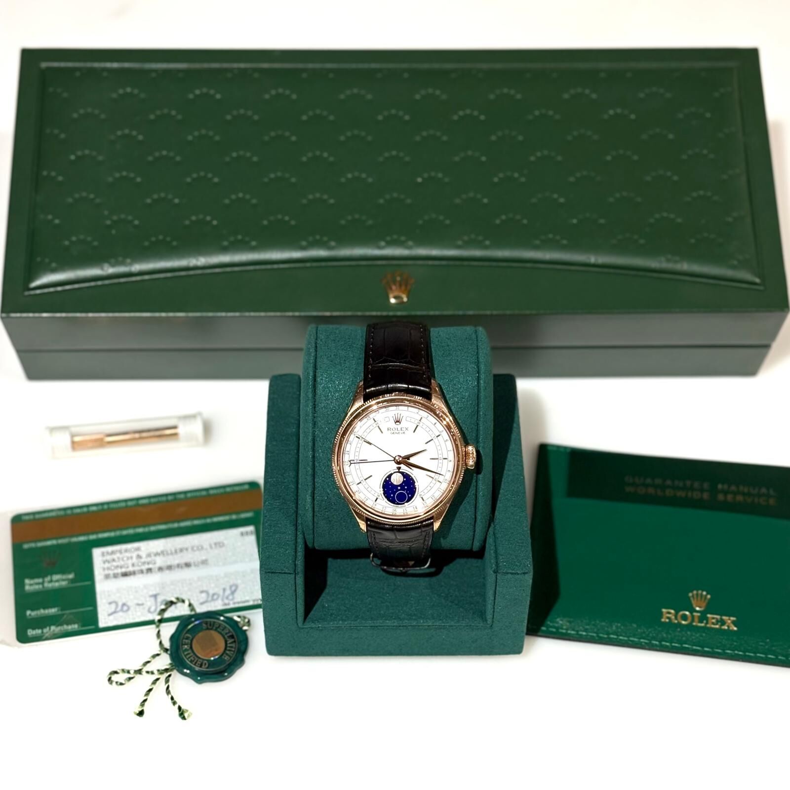 收藏品!!!全新ROLEX CELLINI MOONPHASE 39MM 50535 EVEROSE GOLD 白色錶面鱷魚皮錶帶 #勞力士手錶 #BRAND NEW #香榭站正品