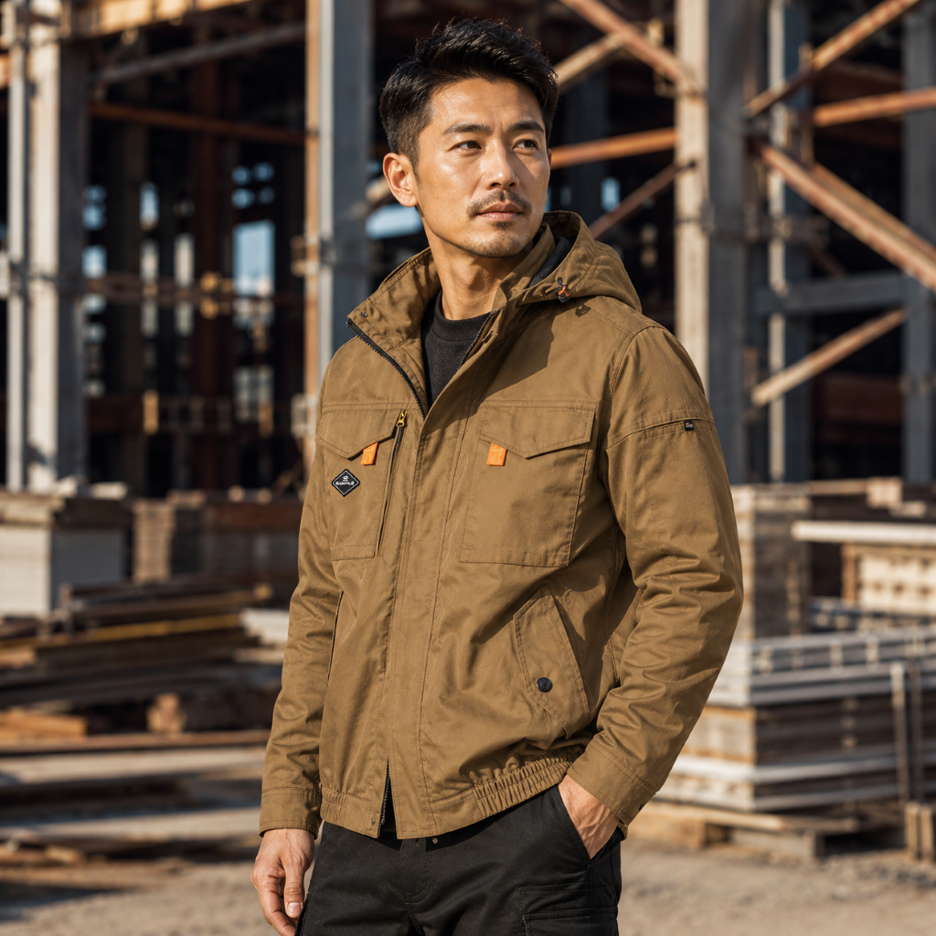 身穿卡其色巴特雷空調服的亞洲男性,背景為建築工地