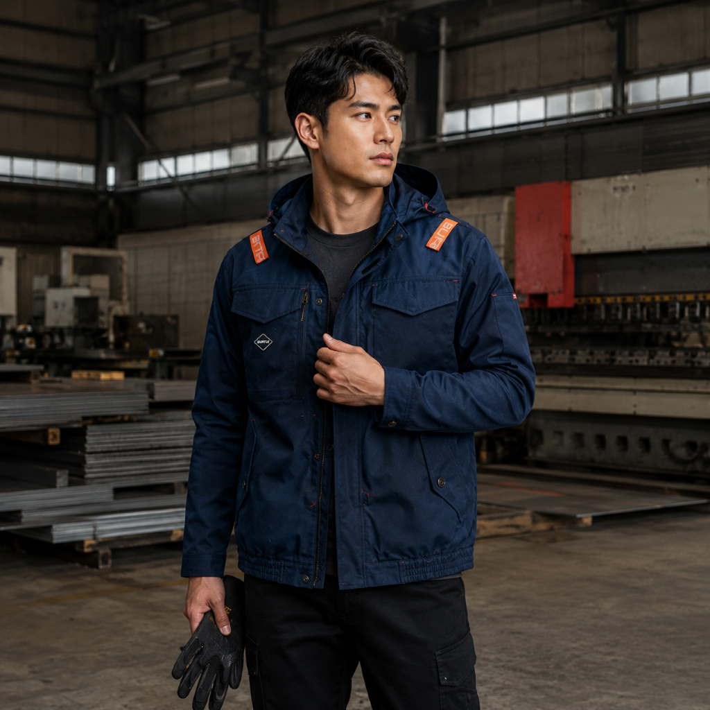 工廠裡的男模特穿著藍色巴特雷空調服工作外套,手持黑色手套。