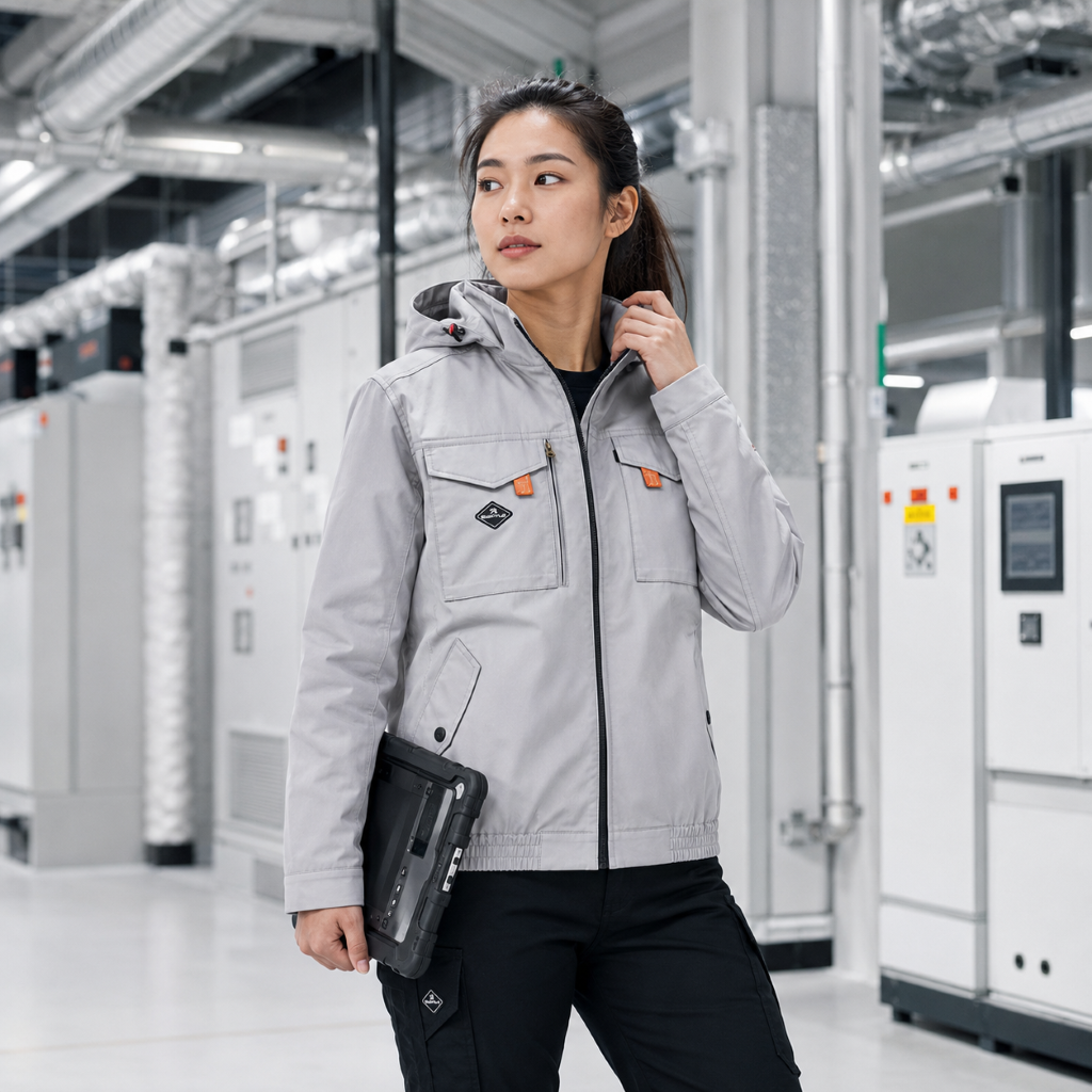 女性身穿灰色巴特雷空調服工作夾克,手持平板電腦,站在工業廠房內。