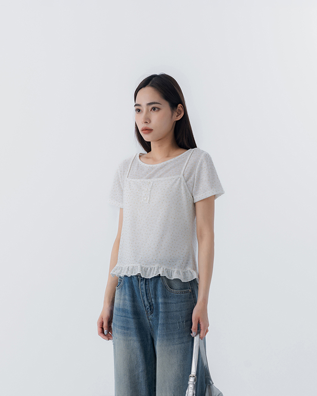 Floral print two-piece short-sleeved top with ruffled hem, available in two colors.【01140087】in stock+pre-order