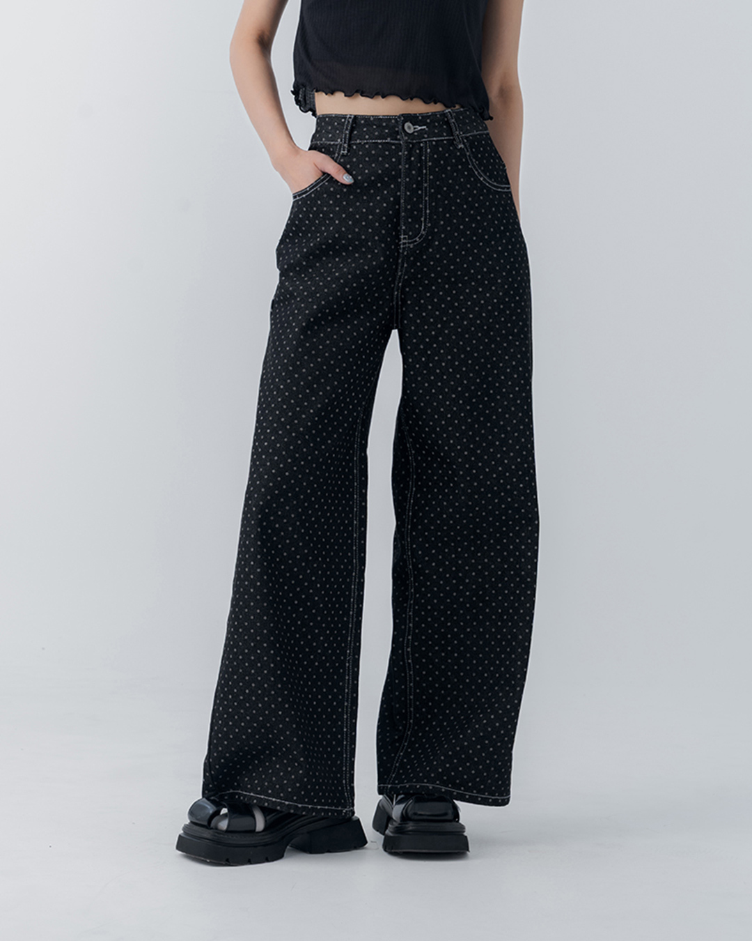 Polka dot design wide-leg jeans XS/S/M/L【04011866】in stock+pre-order