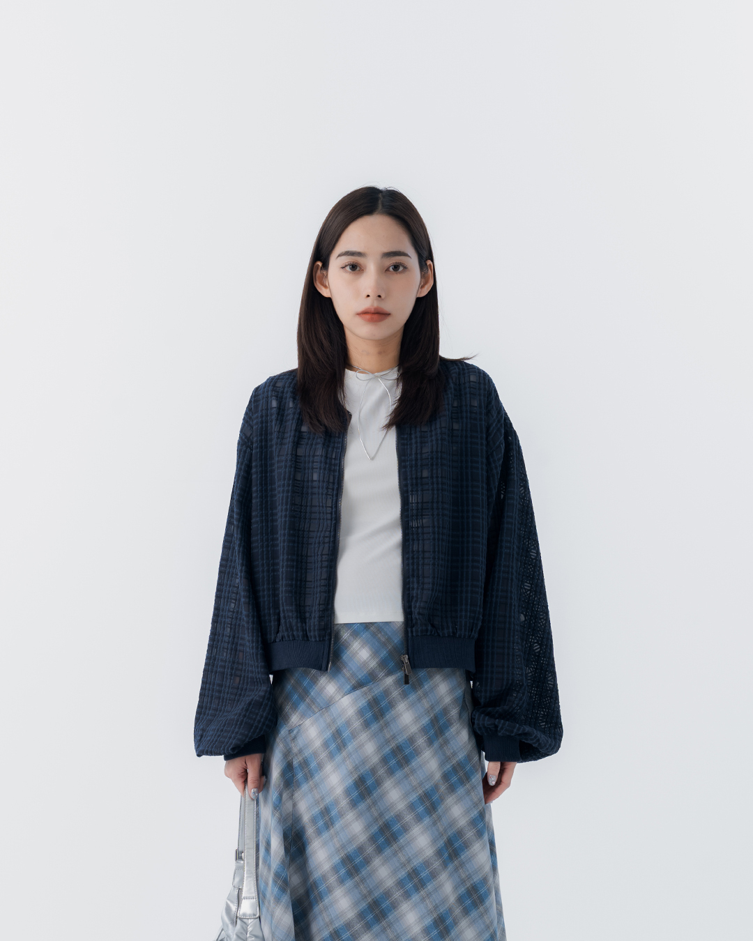Checkered, slightly sheer, short bomber jacket, available in two colors.【02071710】in stock+pre-order