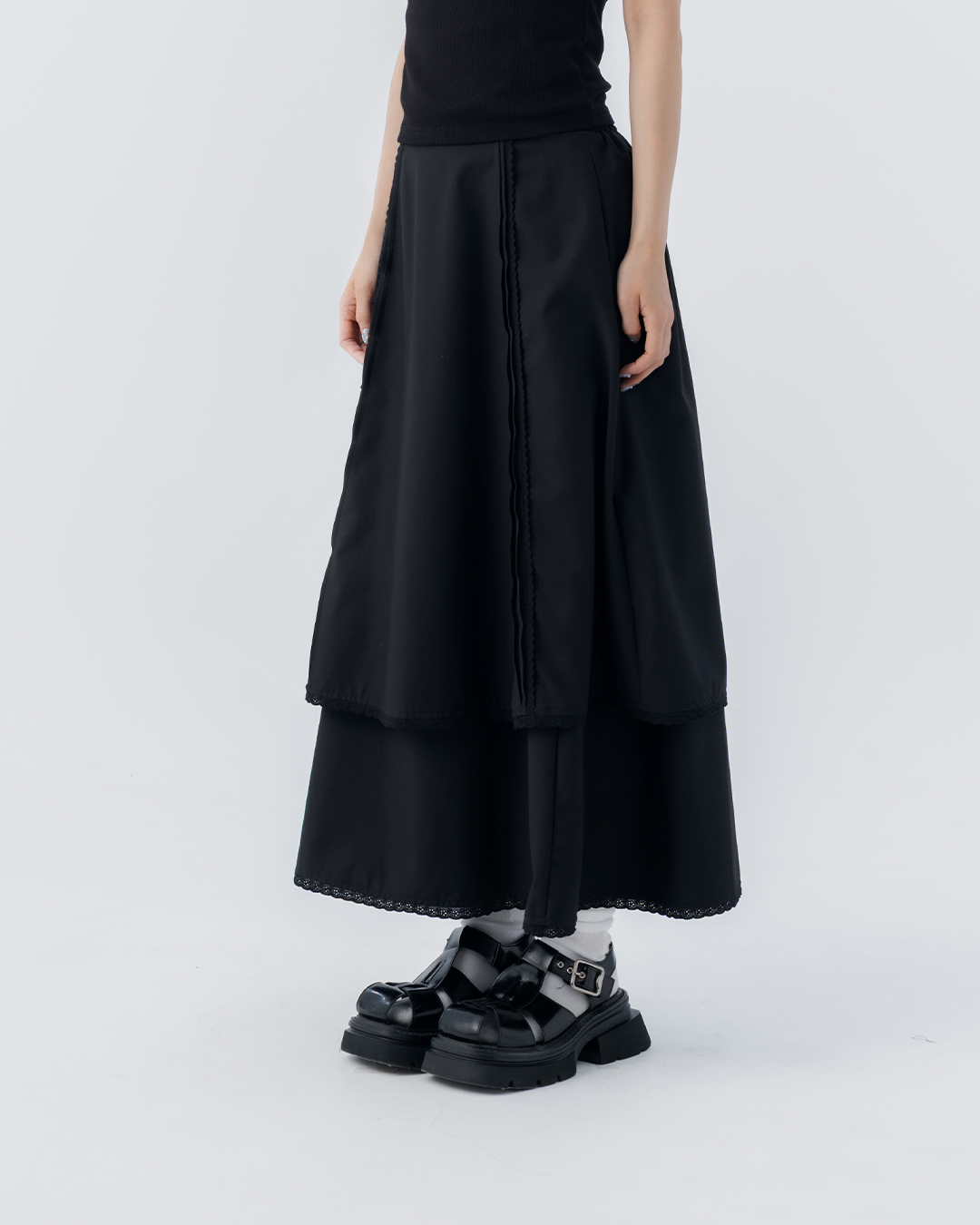 Floral lace double-layered umbrella-shaped long dress, available in two colors, S/M.【03021672】in stock+pre-order