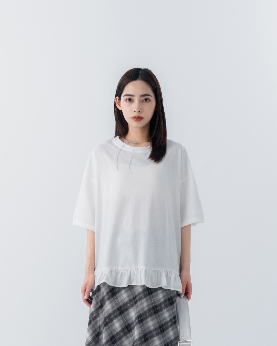 Plain wide-cut top with ruffled hem【01099743】in stock+pre-order