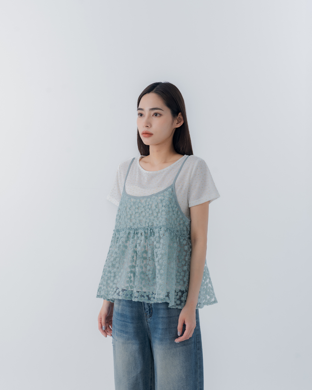 Embroidered floral mesh spaghetti strap cover-up vest - green【01099616】in stock+pre-order