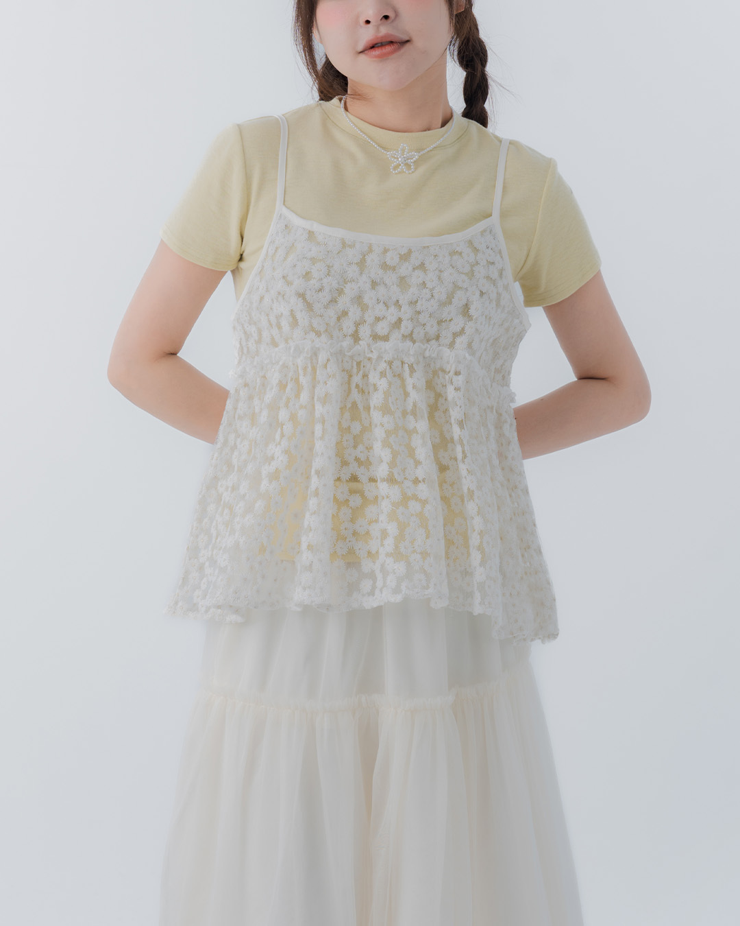 Embroidered floral mesh spaghetti strap cover-up vest - white【01099613】in stock+pre-order