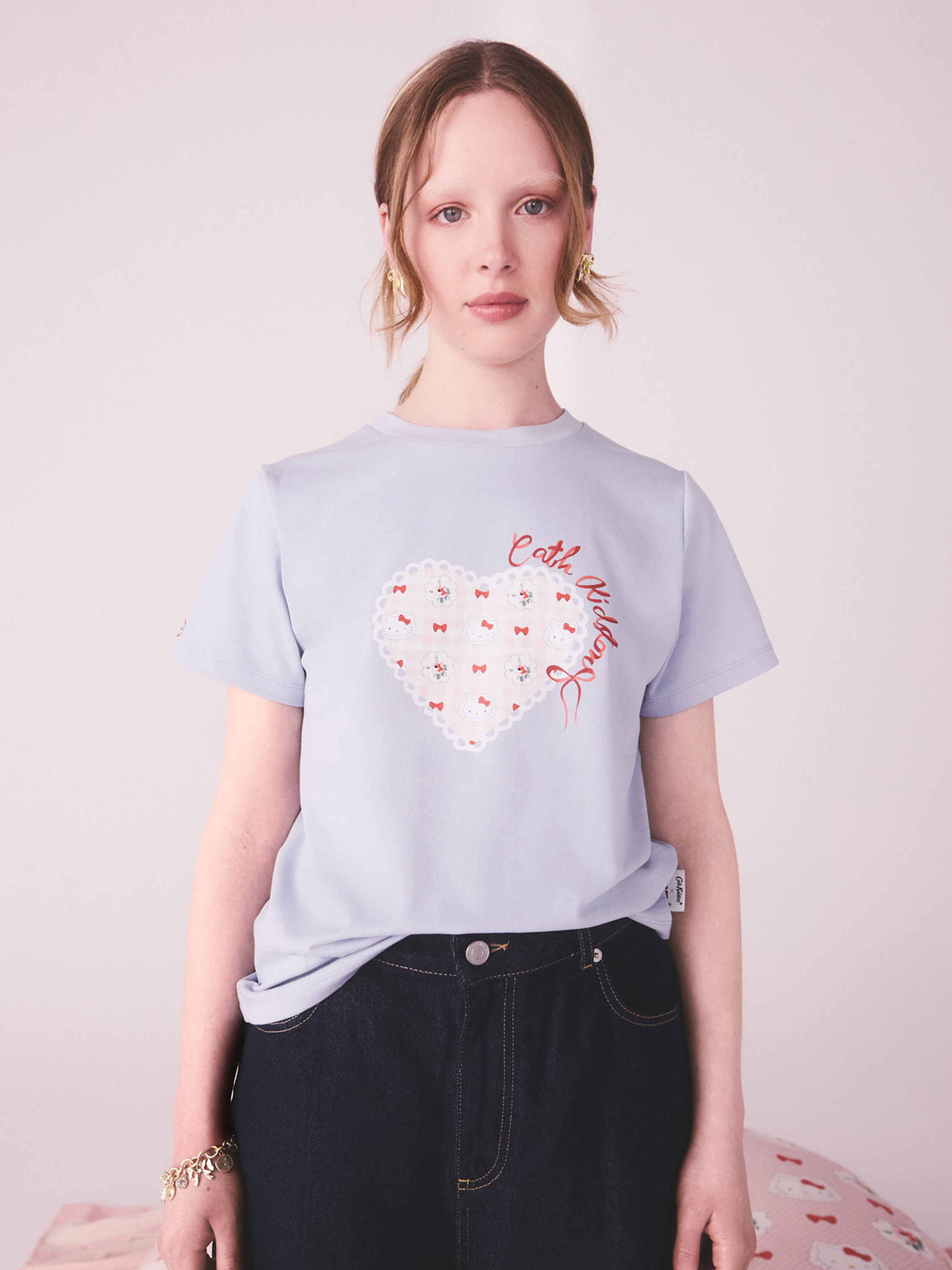 Cath Kidston × Hello Kitty 基本款T-shirt (Hello Kitty Gingham Provence Sax)