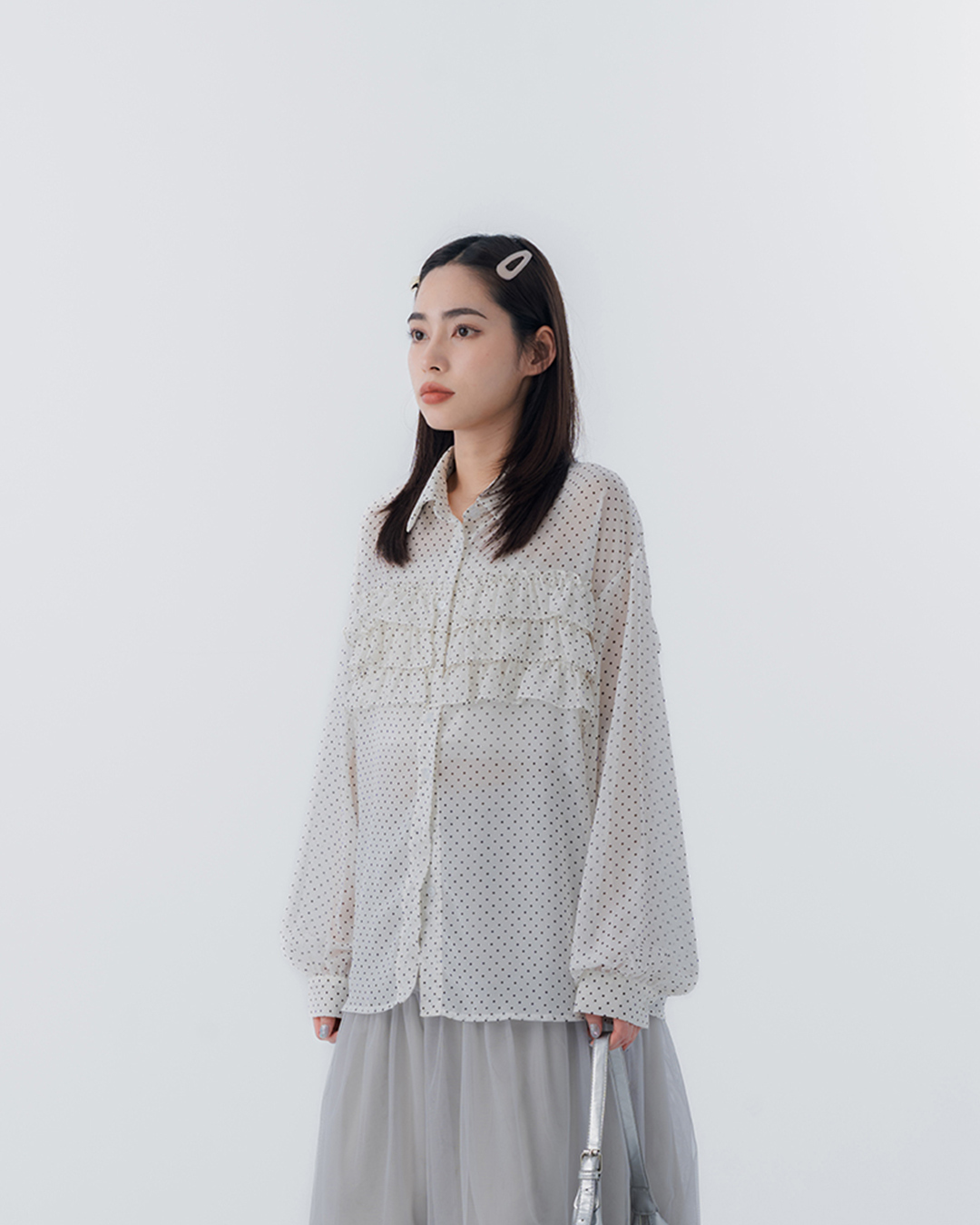 Polka dot multi-layered ruffle design sheer long-sleeved shirt - white【01025807】in stock+pre-order