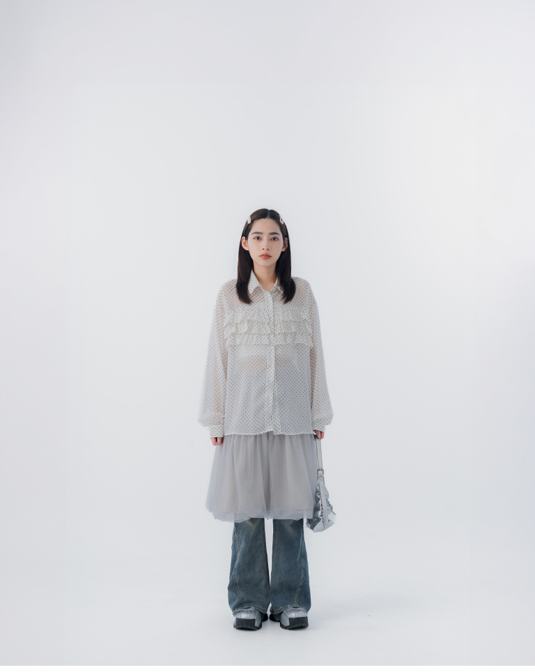 Polka dot multi-layered ruffle design sheer long-sleeved shirt - white【01025807】in stock+pre-order