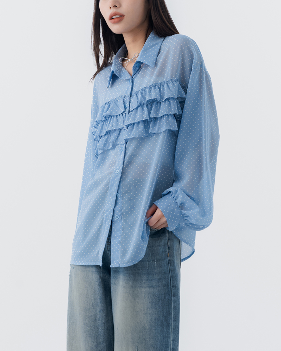 Polka dot multi-layered ruffle design sheer long-sleeved shirt - blue【01025808】in stock+pre-order