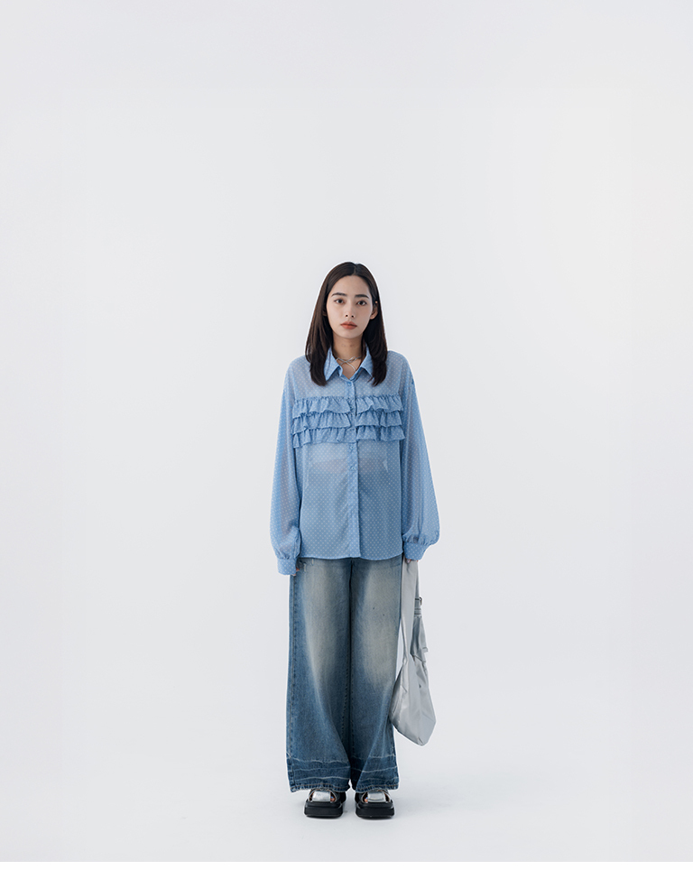 Polka dot multi-layered ruffle design sheer long-sleeved shirt - blue【01025808】in stock+pre-order
