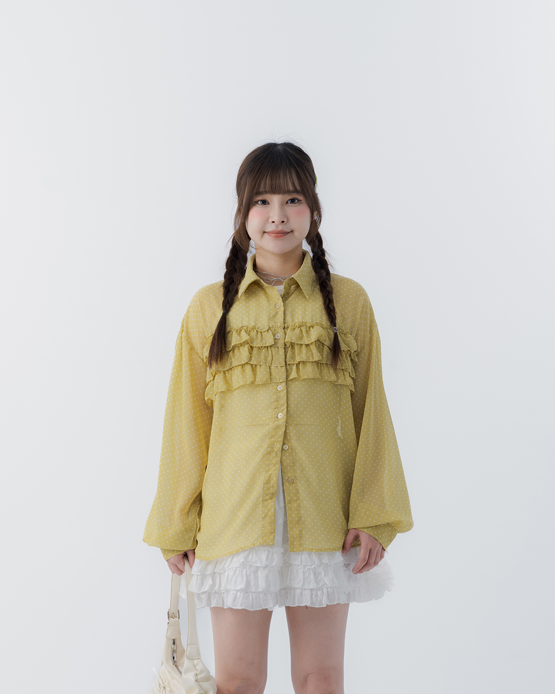 Sheer long-sleeved shirt with multi-layered ruffle design - Yellow【01025809】in stock+pre-order