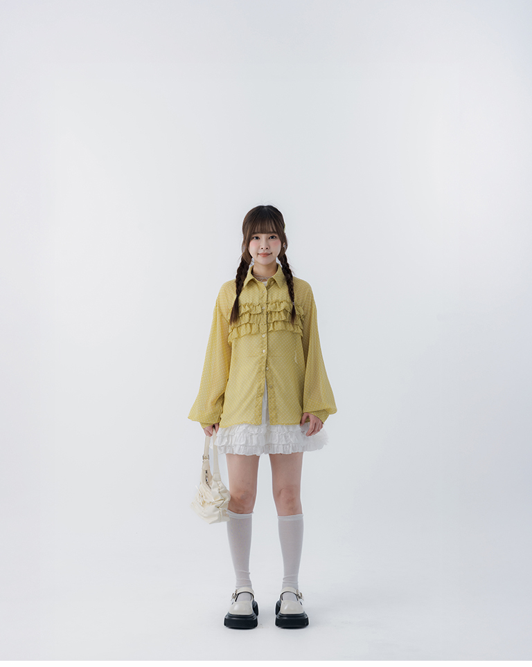Sheer long-sleeved shirt with multi-layered ruffle design - Yellow【01025809】in stock+pre-order