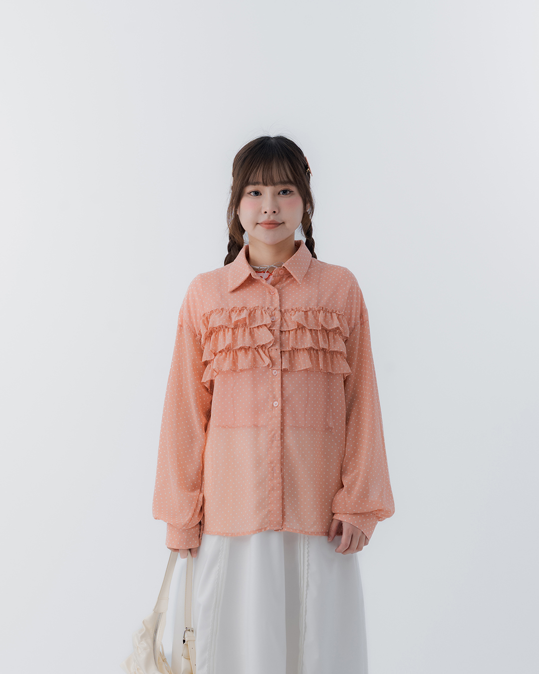Sheer long-sleeved shirt with multi-layered ruffle design - pink【01025810】in stock+pre-order