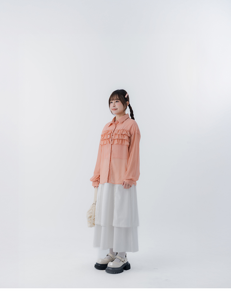 Sheer long-sleeved shirt with multi-layered ruffle design - pink【01025810】in stock+pre-order
