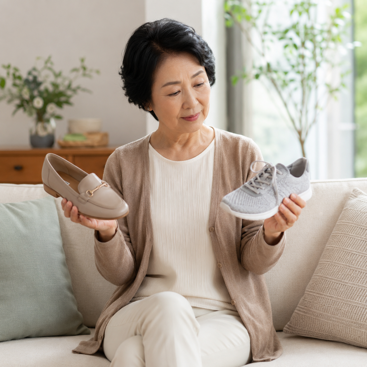 在家中比較不同鞋款但仍不確定支撐是否合適的生活情境