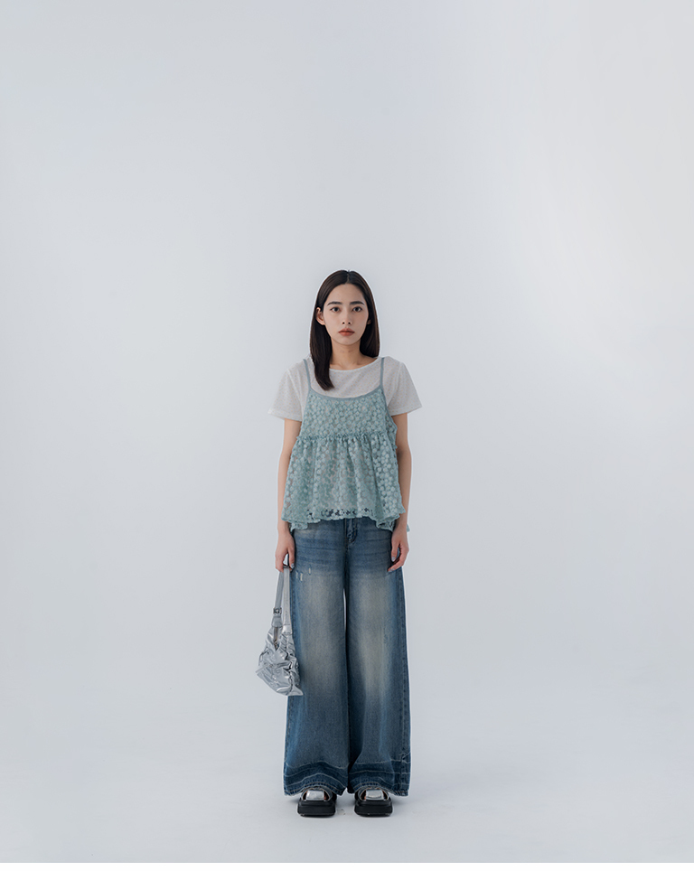 Embroidered floral mesh spaghetti strap cover-up vest - green【01099616】in stock+pre-order