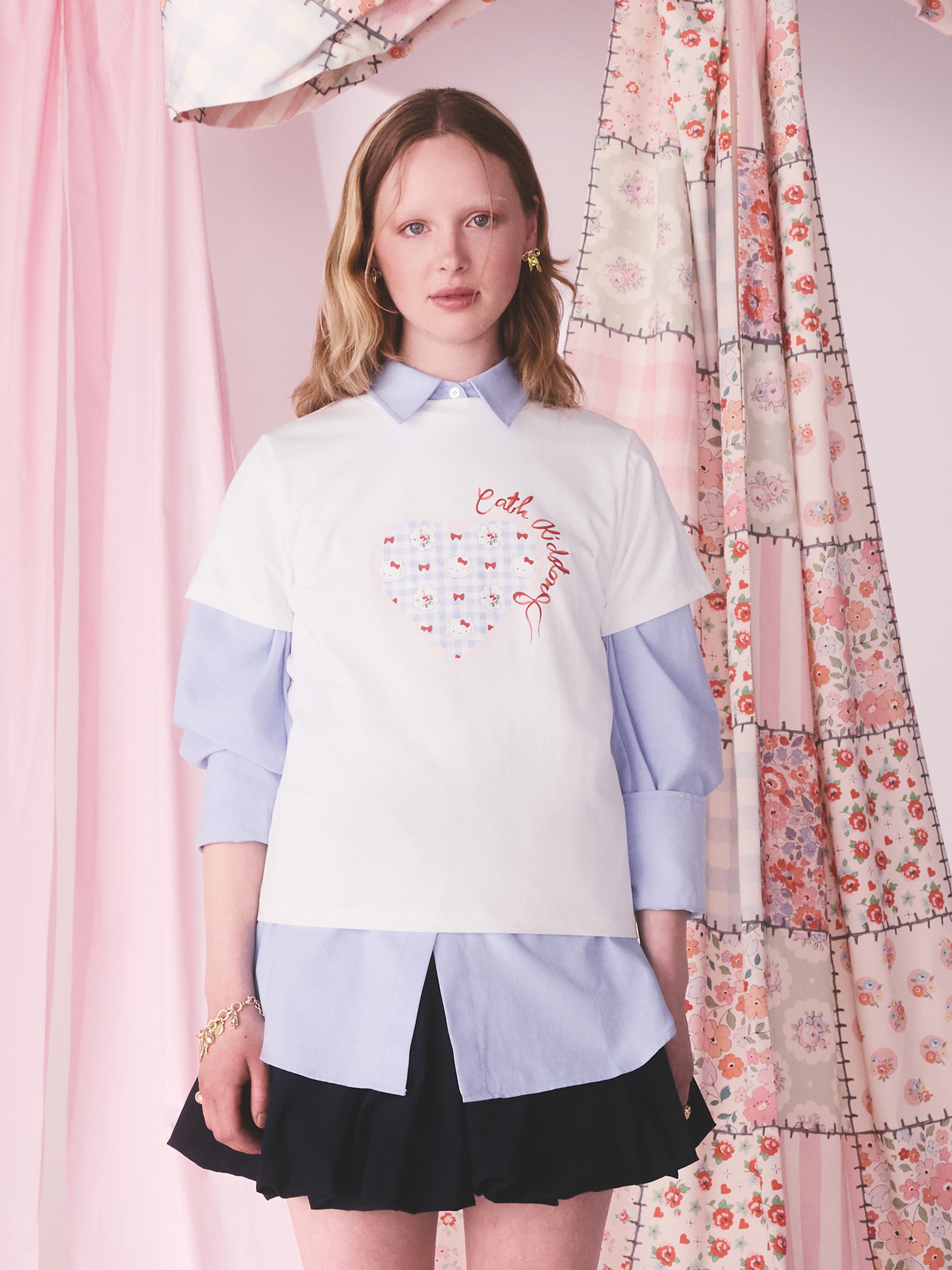 Cath Kidston × Hello Kitty 基本款T-shirt (Hello Kitty Gingham Provence White)