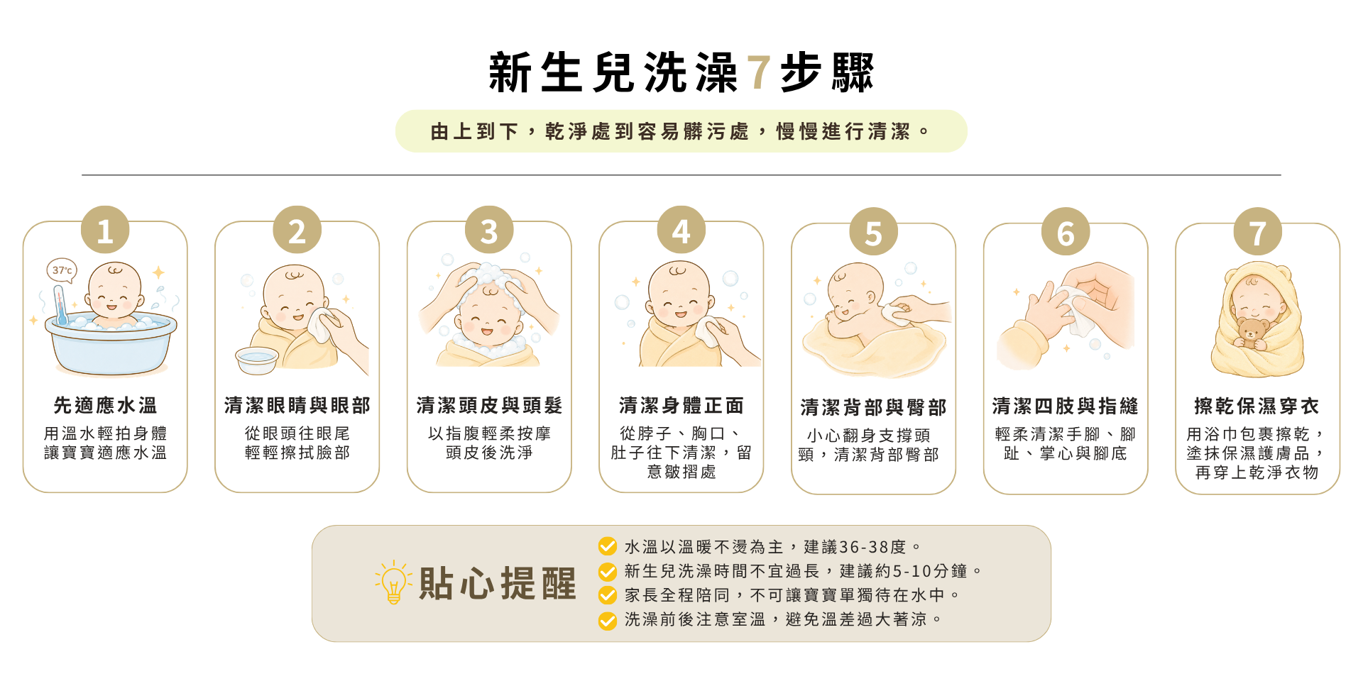 新生兒洗澡7步驟流程圖，說明寶寶洗澡順序包含臉部、頭髮、身體、背部、四肢與洗後保濕
