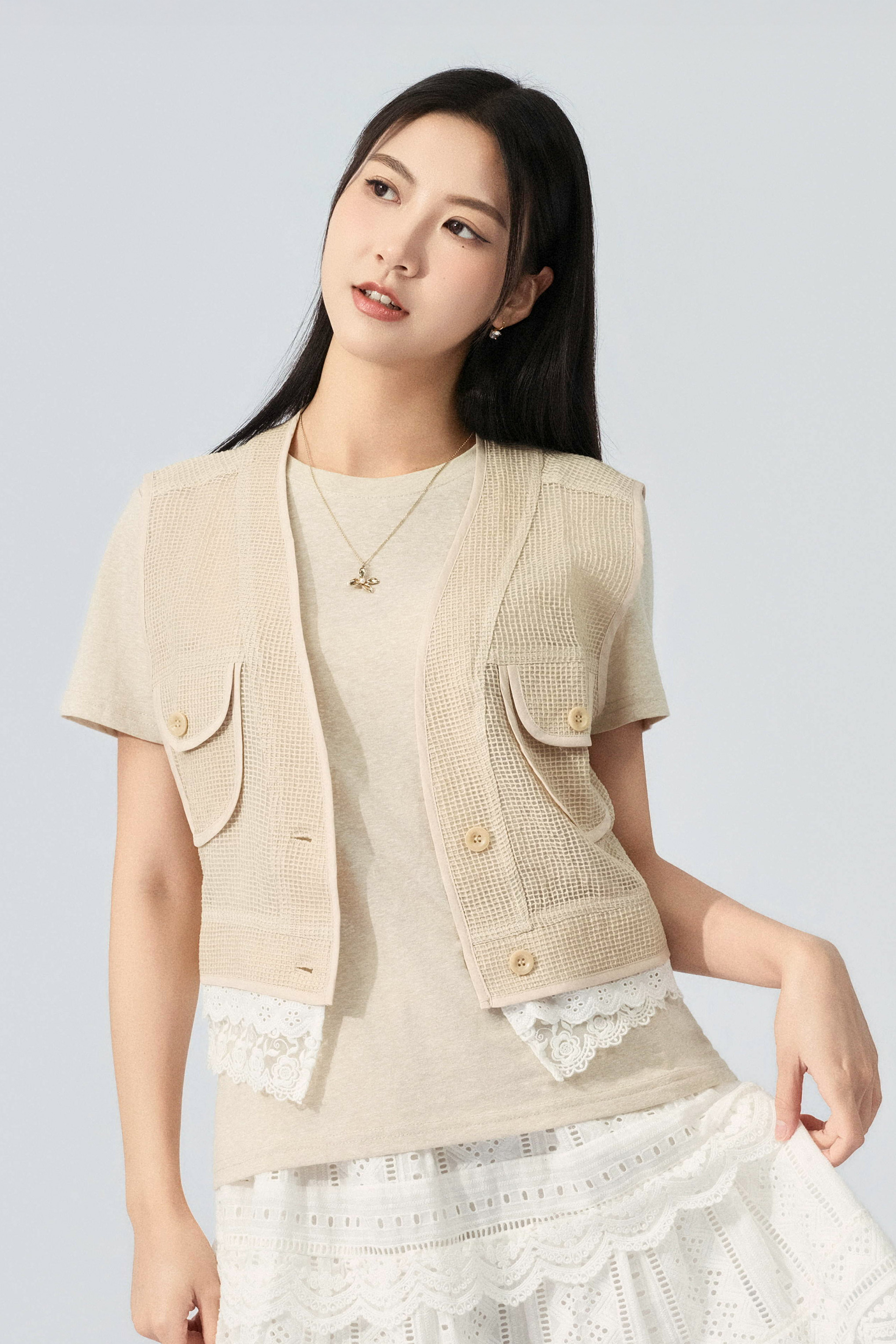 花邊腳格紋網背心外套 (預購產品）