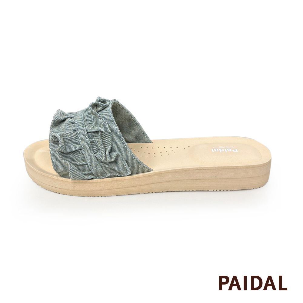 Paidal 荷葉牛仔厚底一片式美型涼拖鞋-牛仔藍