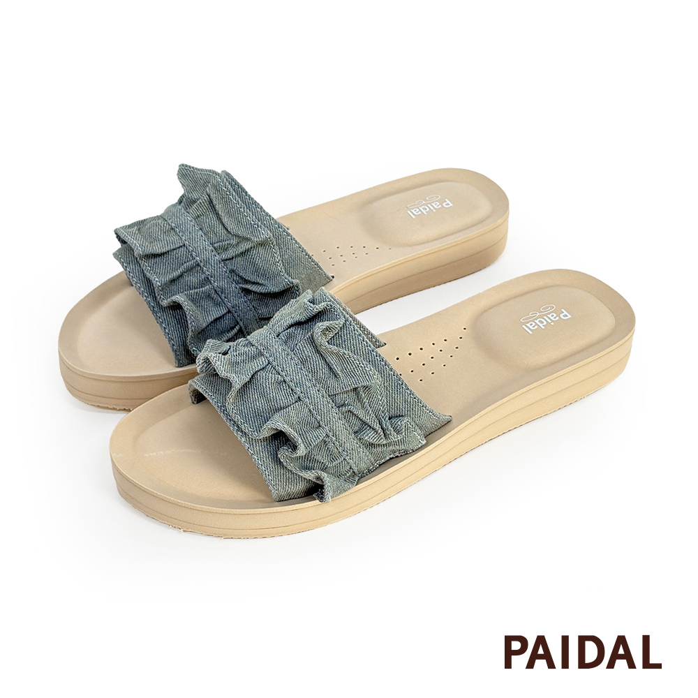 Paidal 荷葉牛仔厚底一片式美型涼拖鞋-牛仔藍