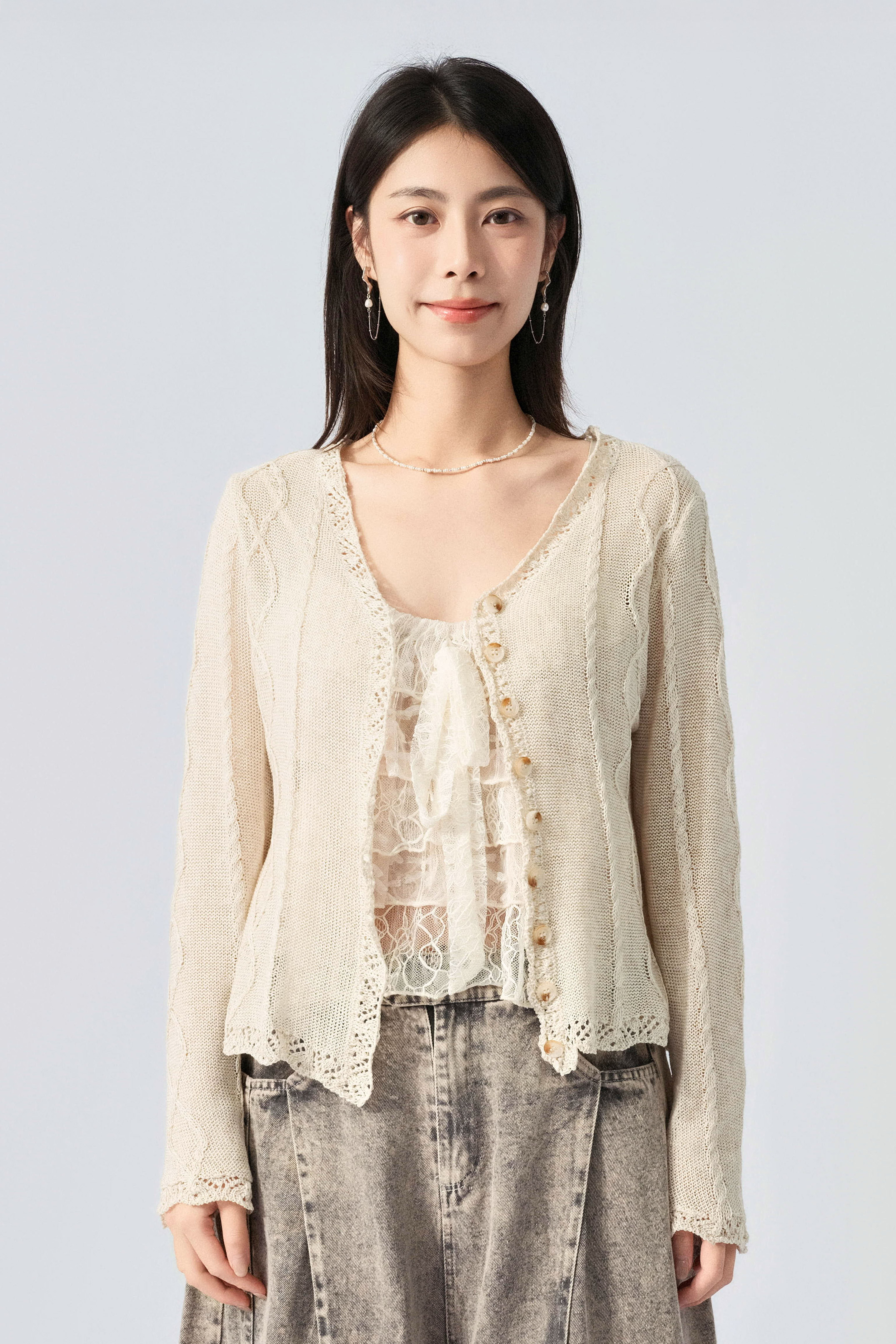 扭繩紋織花邊乾爽cardigan（預購產品）