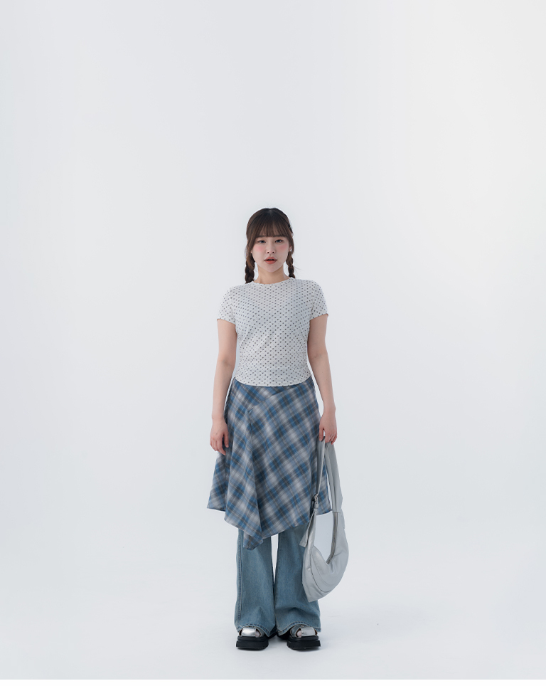 Classic plaid asymmetrical hem three-quarter skirt, available in three colors, S/M.【03021772】in stock+pre-order