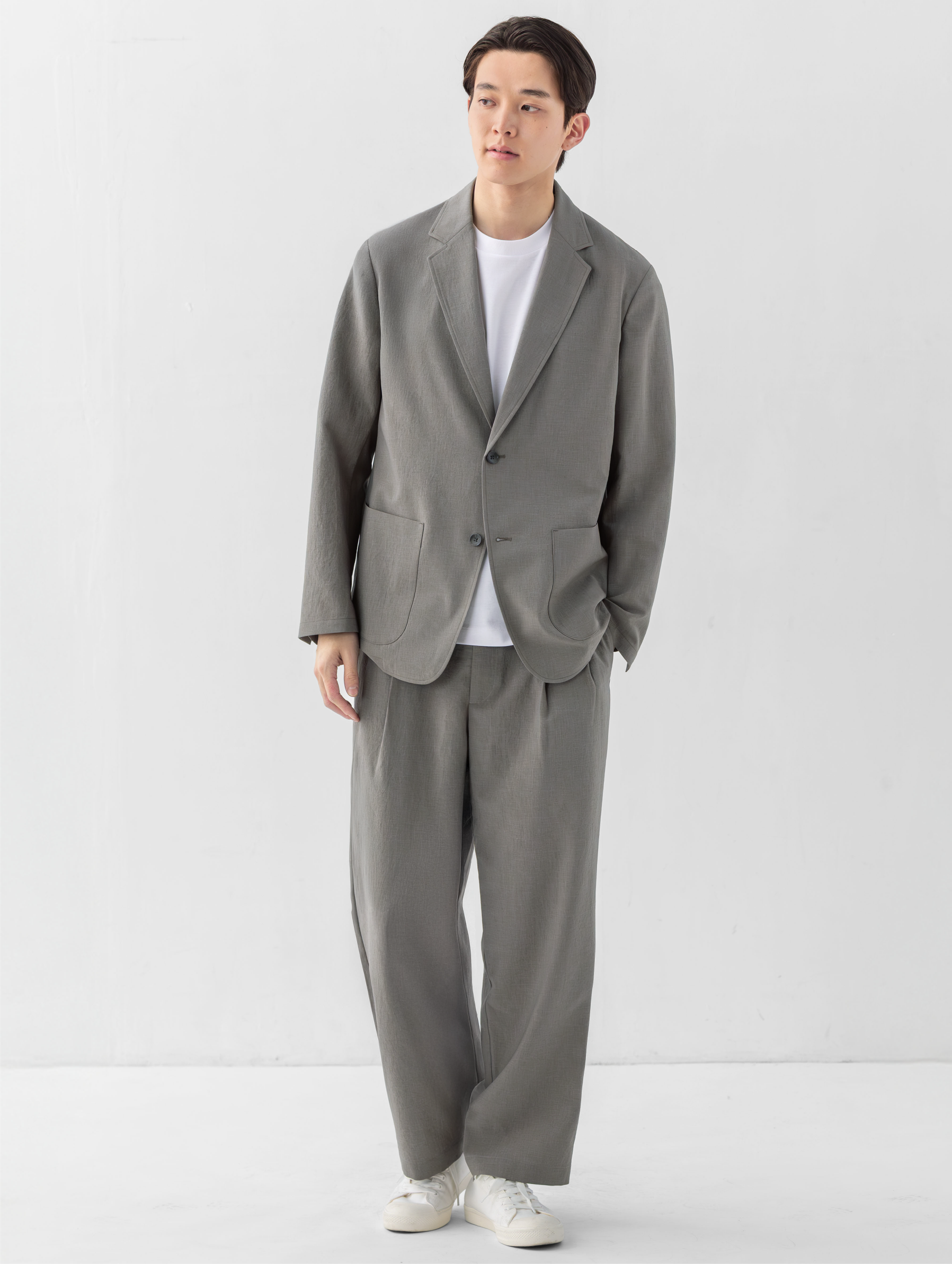 Model wearing linen dress